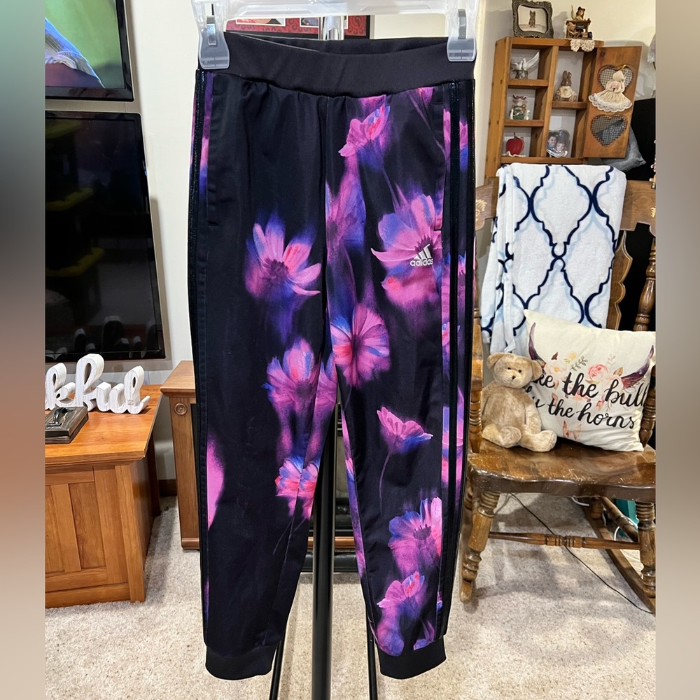 adidas Kids Black Sweatpants with Pink & Purple Floral Print